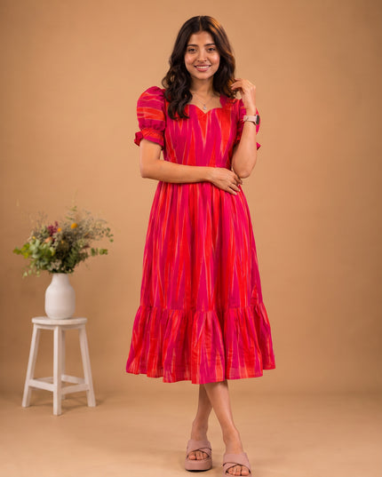 Handloom Ikkat Cotton Frock with Stylish Puff Sleeves in Pink Colour | Full-Length Lining | Ready to Wear