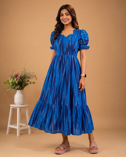 Handloom Ikkat Cotton Frock with Stylish Puff Sleeves in Royal Blue Colour | Full-Length Lining | Ready to Wear