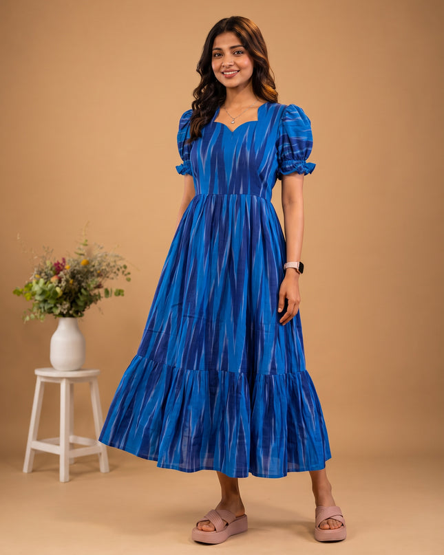 Handloom Ikkat Cotton Frock with Stylish Puff Sleeves in Royal Blue Colour | Full-Length Lining | Ready to Wear