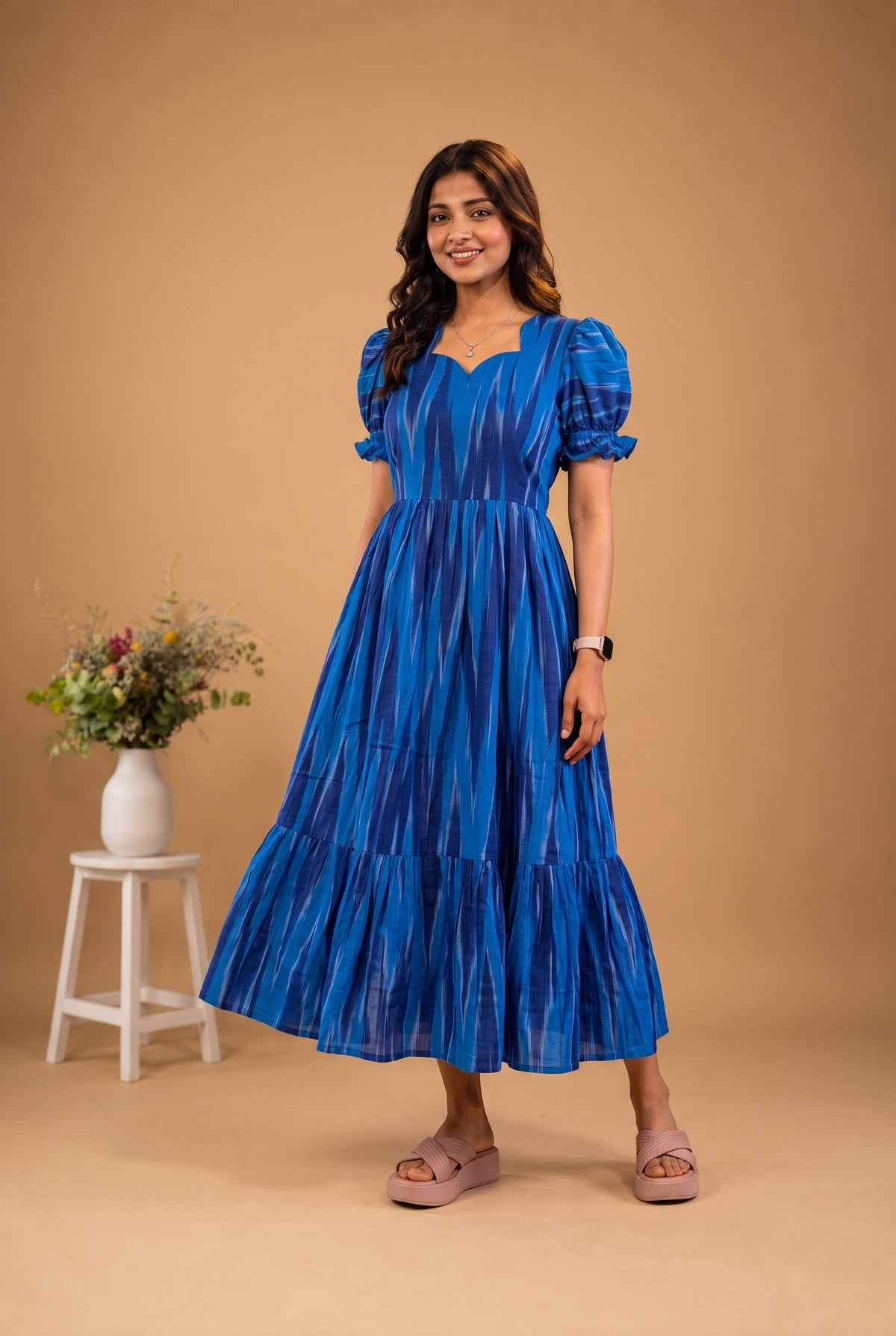 Handloom Ikkat Cotton Frock with Stylish Puff Sleeves in Royal Blue Colour | Full-Length Lining | Ready to Wear