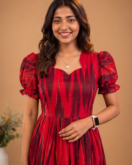 Handloom Ikkat Cotton Frock with Stylish Puff Sleeves in Red Colour | Full-Length Lining | Ready to Wear