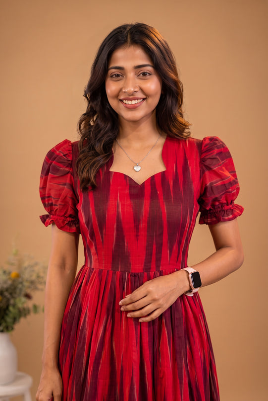 Handloom Ikkat Cotton Frock with Stylish Puff Sleeves in Red Colour | Full-Length Lining | Ready to Wear