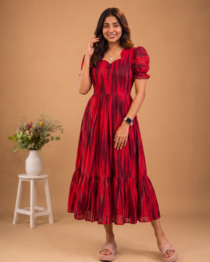Handloom Ikkat Cotton Frock with Stylish Puff Sleeves in Red Colour | Full-Length Lining | Ready to Wear