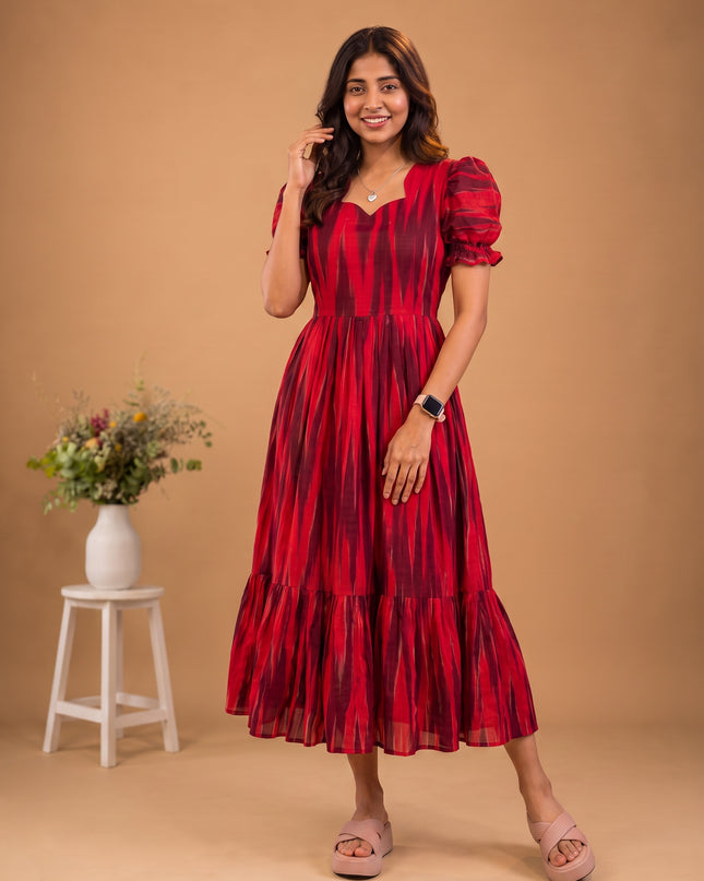 Handloom Ikkat Cotton Frock with Stylish Puff Sleeves in Red Colour | Full-Length Lining | Ready to Wear