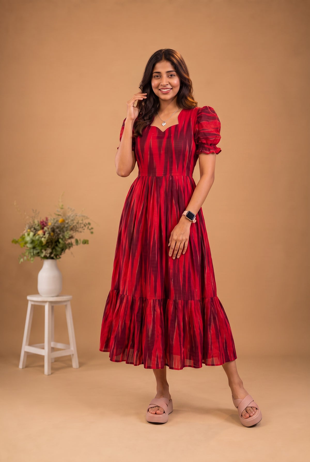 Handloom Ikkat Cotton Frock with Stylish Puff Sleeves in Red Colour | Full-Length Lining | Ready to Wear