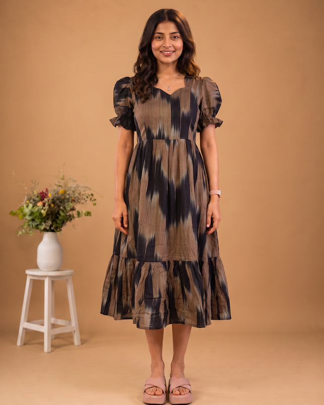 Handloom Ikkat Cotton Frock with Stylish Puff Sleeves in Black & Coffee Brown Colour | Full-Length Lining | Ready to Wear