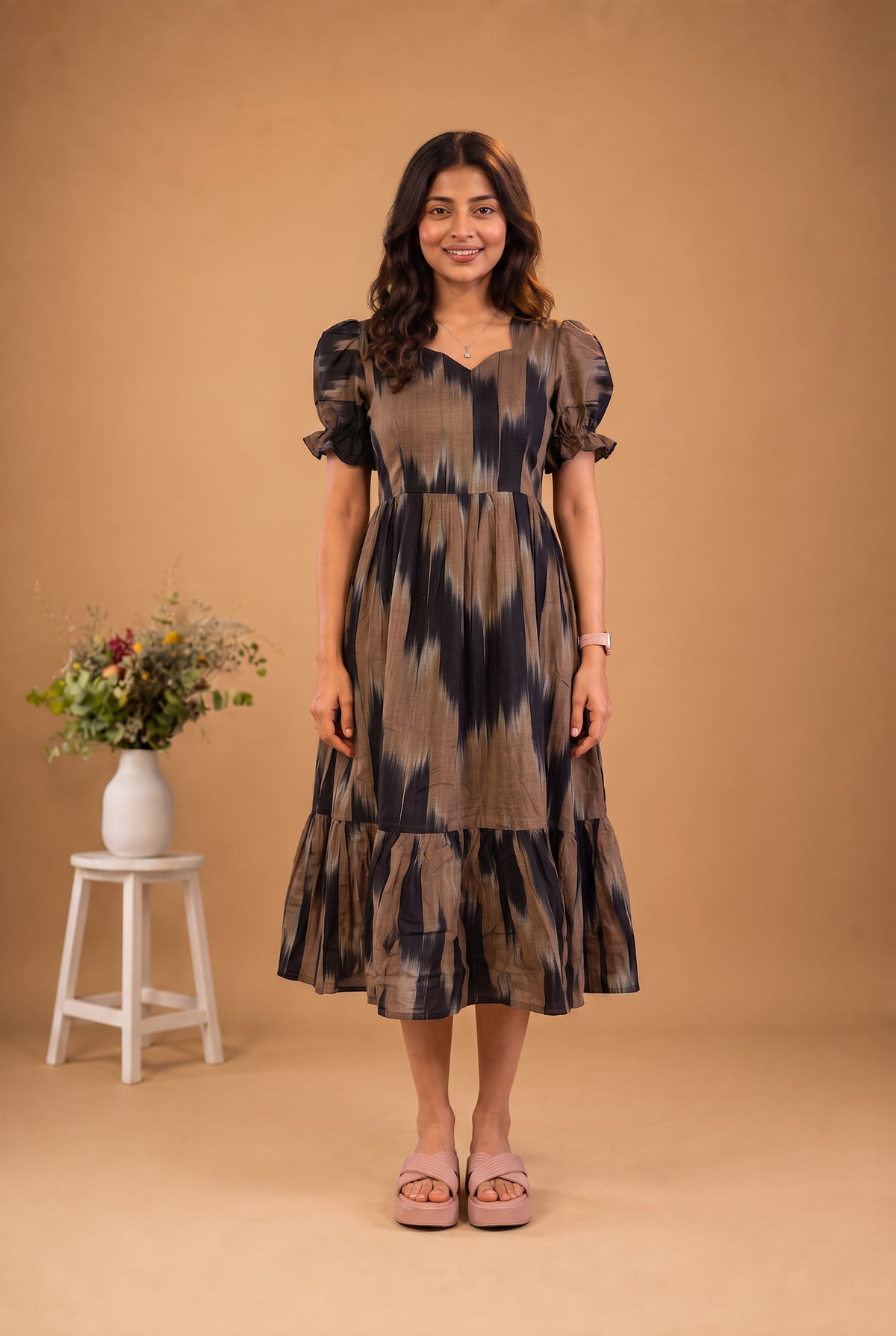 Handloom Ikkat Cotton Frock with Stylish Puff Sleeves in Black & Coffee Brown Colour | Full-Length Lining | Ready to Wear