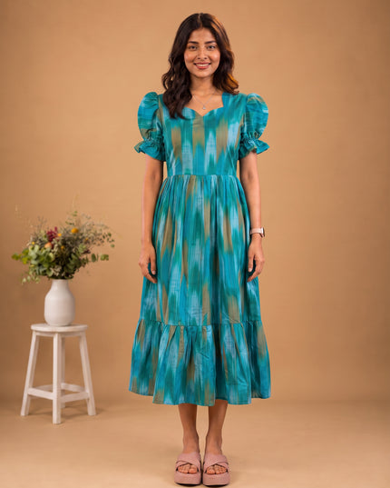 Handloom Ikkat Cotton Frock with Stylish Puff Sleeves in Aqua Blue Colour | Full-Length Lining | Ready to Wear