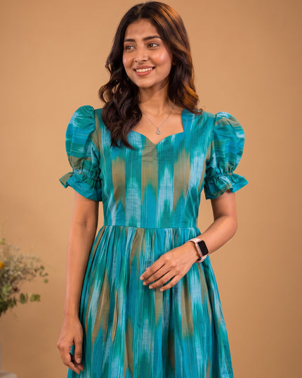 Handloom Ikkat Cotton Frock with Stylish Puff Sleeves in Aqua Blue Colour | Full-Length Lining | Ready to Wear