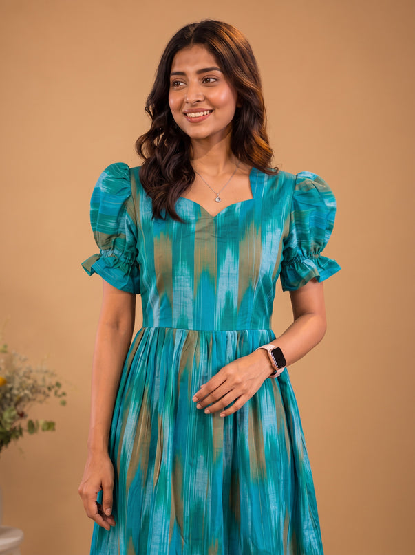 Handloom Ikkat Cotton Frock with Stylish Puff Sleeves in Aqua Blue Colour | Full-Length Lining | Ready to Wear