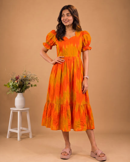 Handloom Ikkat Cotton Frock with Stylish Puff Sleeves in Orange Colour | Full-Length Lining | Ready to Wear