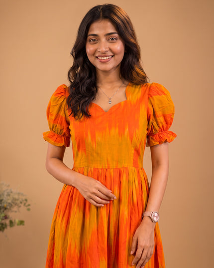 Handloom Ikkat Cotton Frock with Stylish Puff Sleeves in Orange Colour | Full-Length Lining | Ready to Wear