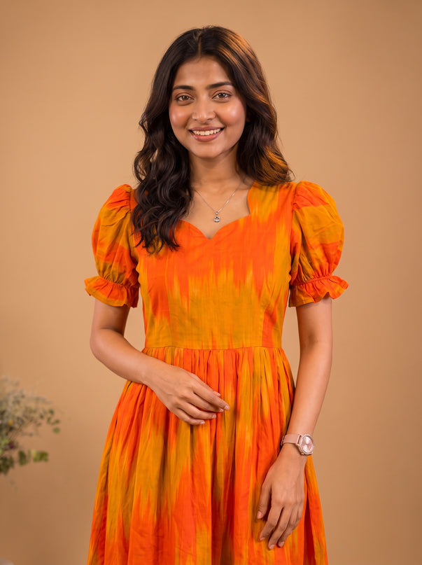 Handloom Ikkat Cotton Frock with Stylish Puff Sleeves in Orange Colour | Full-Length Lining | Ready to Wear