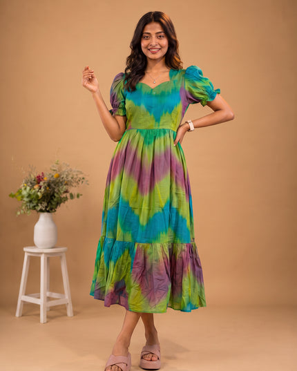 Handloom Ikkat Cotton Frock with Stylish Puff Sleeves in Teal Green Colour | Full-Length Lining | Ready to Wear