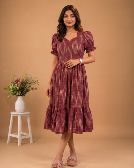 Handloom Ikkat Cotton Frock with Stylish Puff Sleeves in Brick Red Colour | Full-Length Lining | Ready to Wear