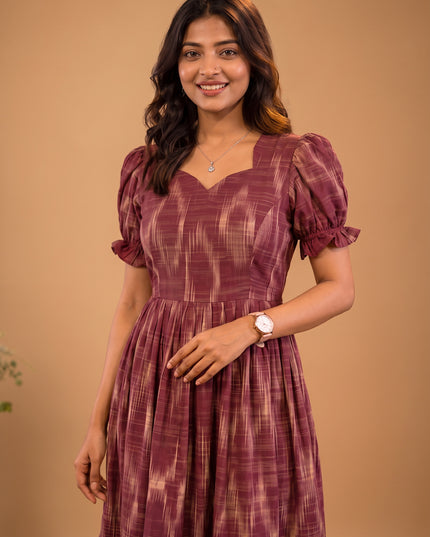 Handloom Ikkat Cotton Frock with Stylish Puff Sleeves in Brick Red Colour | Full-Length Lining | Ready to Wear