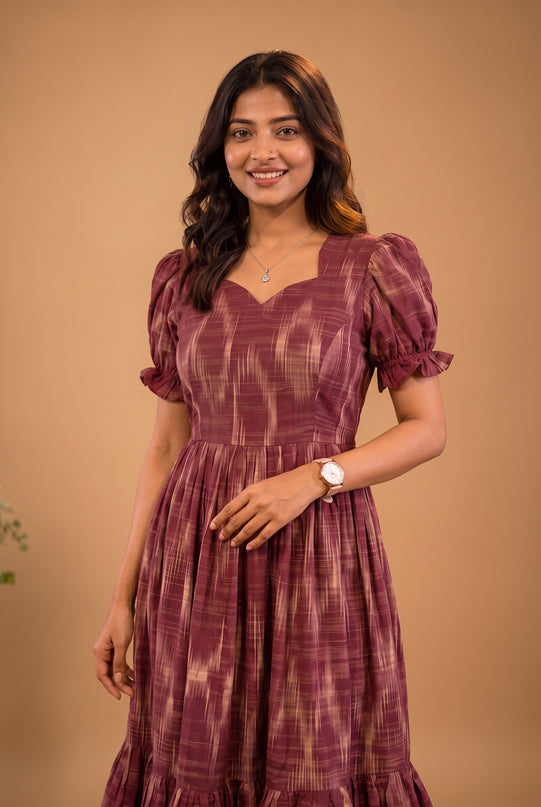 Handloom Ikkat Cotton Frock with Stylish Puff Sleeves in Brick Red Colour | Full-Length Lining | Ready to Wear