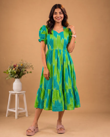 Handloom Ikkat Cotton Frock with Stylish Puff Sleeves in Teal Green Colour | Full-Length Lining | Ready to Wear
