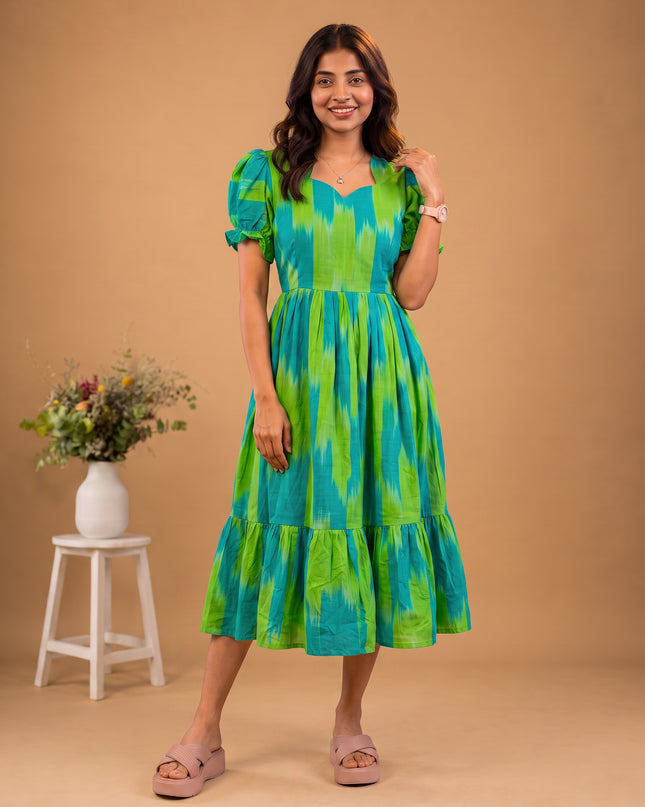 Handloom Ikkat Cotton Frock with Stylish Puff Sleeves in Teal Green Colour | Full-Length Lining | Ready to Wear