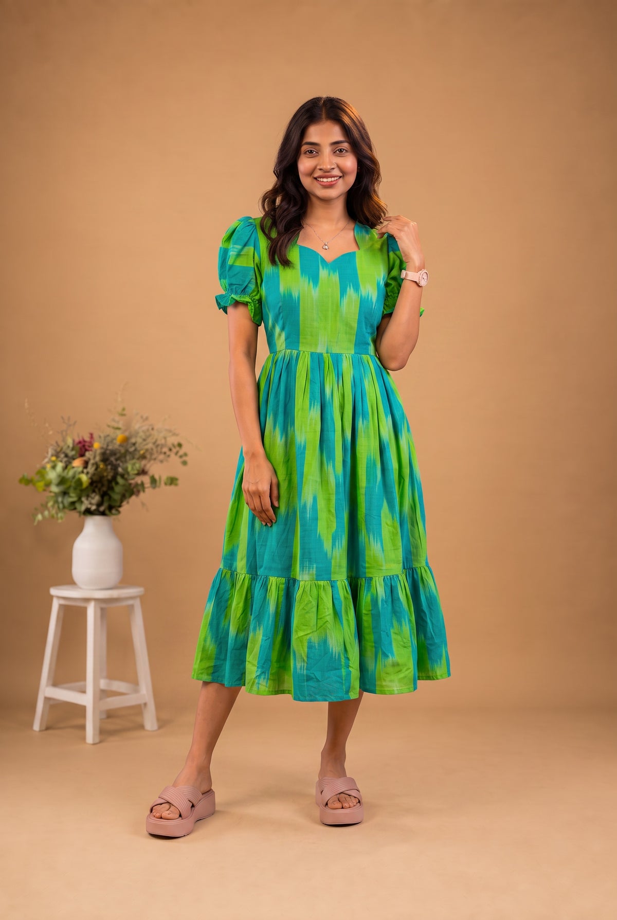 Handloom Ikkat Cotton Frock with Stylish Puff Sleeves in Teal Green Colour | Full-Length Lining | Ready to Wear