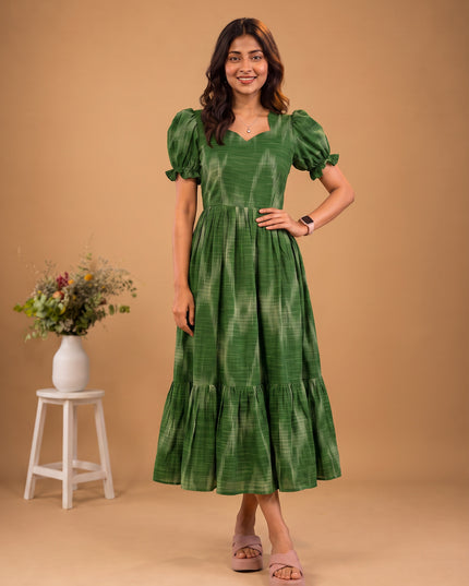 Handloom Ikkat Cotton Frock with Stylish Puff Sleeves in Bottle Green Colour | Full-Length Lining | Ready to Wear