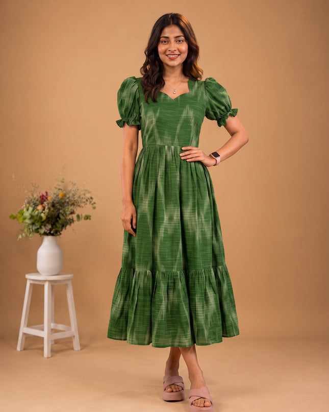 Handloom Ikkat Cotton Frock with Stylish Puff Sleeves in Bottle Green Colour | Full-Length Lining | Ready to Wear