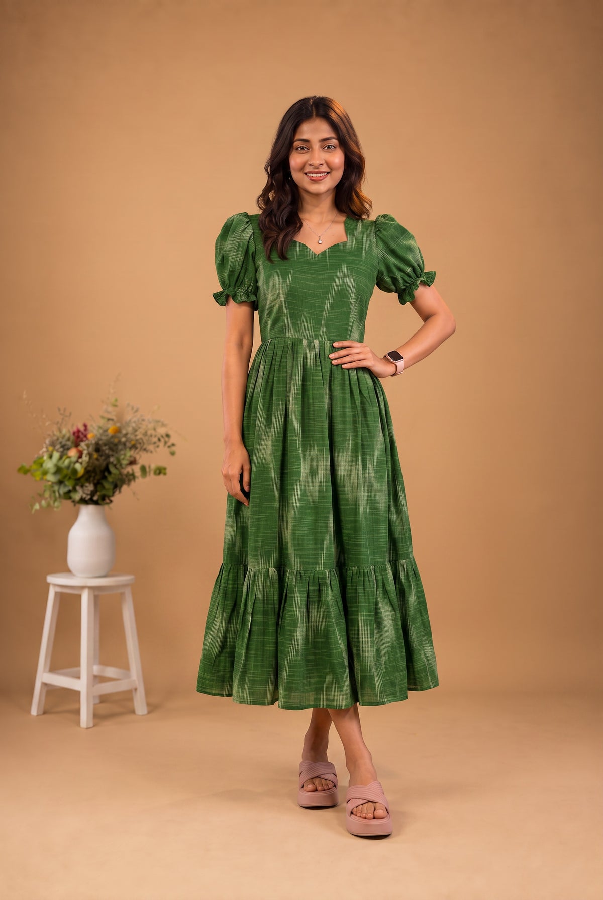 Handloom Ikkat Cotton Frock with Stylish Puff Sleeves in Bottle Green Colour | Full-Length Lining | Ready to Wear