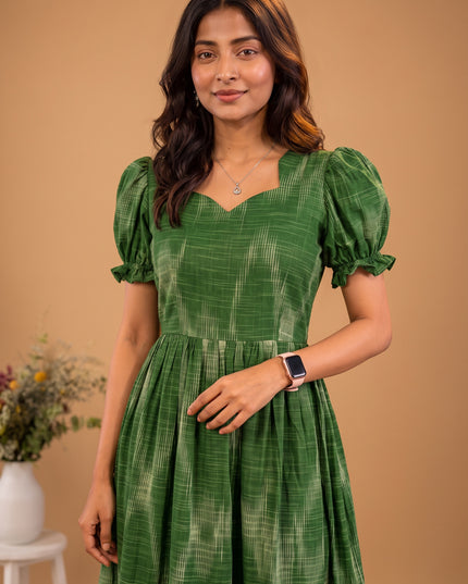Handloom Ikkat Cotton Frock with Stylish Puff Sleeves in Bottle Green Colour | Full-Length Lining | Ready to Wear