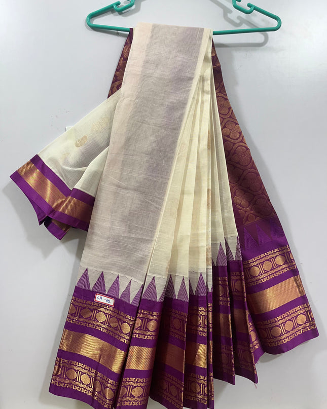 One Side Border Gadwal Handloom Cotton Saree with  Cream & Purple Border