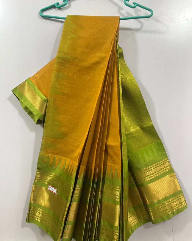 One Side Border Gadwal Handloom Cotton Saree with Yellow & Green Border