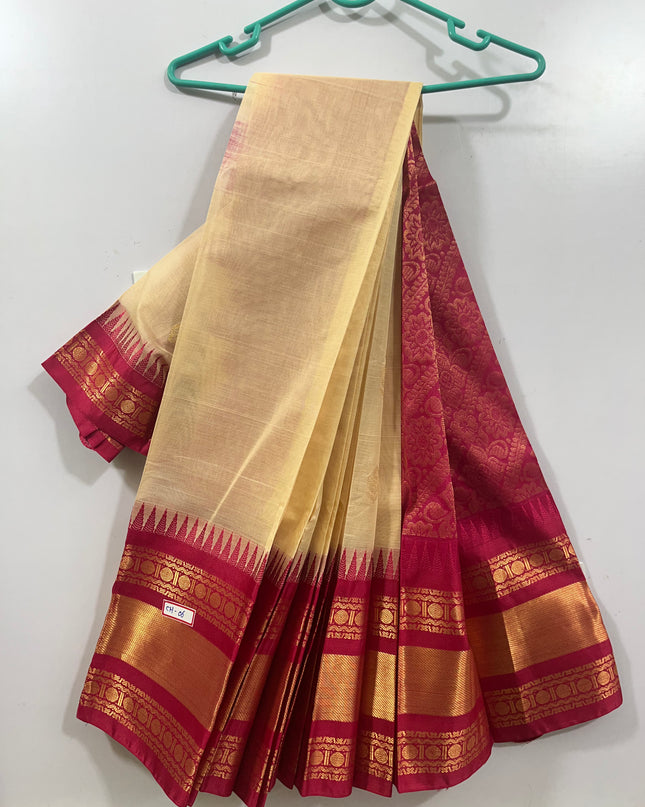 One Side Border Gadwal Handloom Cotton Saree with Half White & Red Border