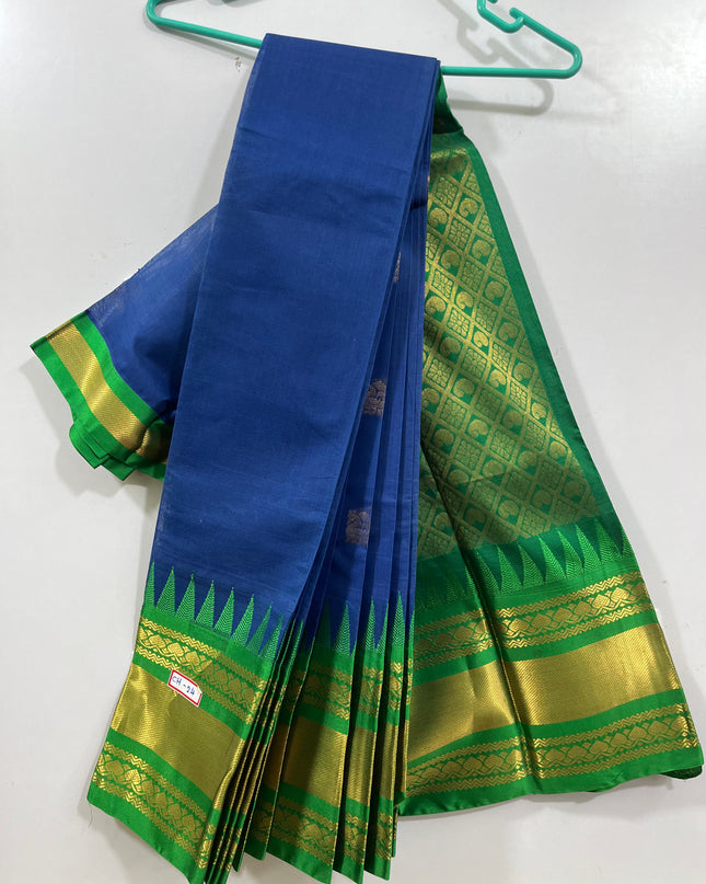 One Side Border Gadwal Handloom Cotton Saree with Blue & Green Border