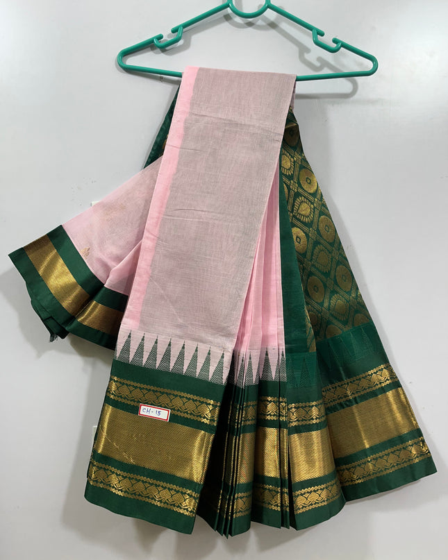One Side Border Gadwal Handloom Cotton Saree with Baby Pink & Green Border