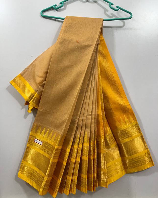 One Side Border Gadwal Handloom Cotton Saree with Light Brown & Lemon Yellow Border