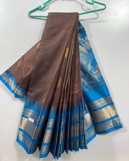 One Side Border Gadwal Handloom Cotton Saree with Brown & Blue Border