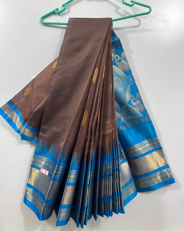 One Side Border Gadwal Handloom Cotton Saree with Brown & Blue Border