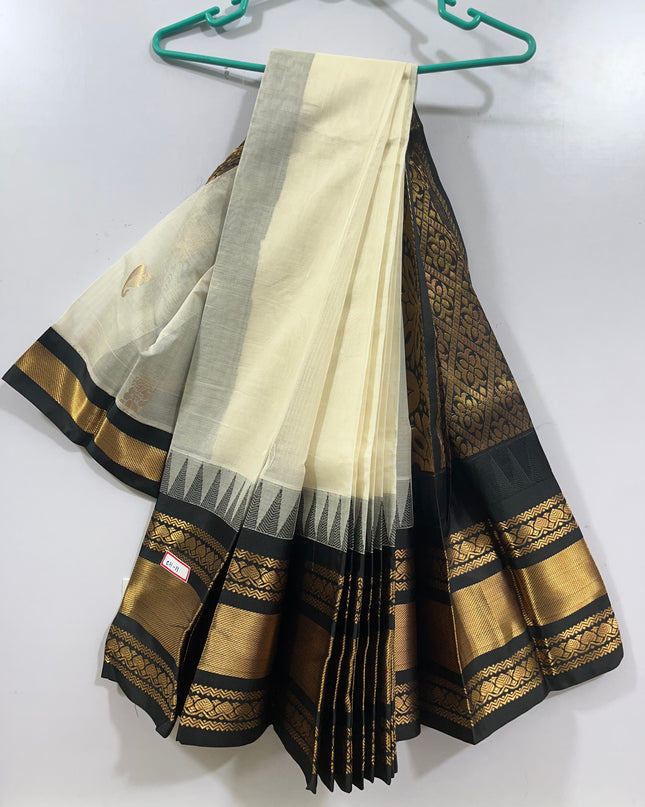 One Side Border Gadwal Handloom Cotton Saree with White & Black Border