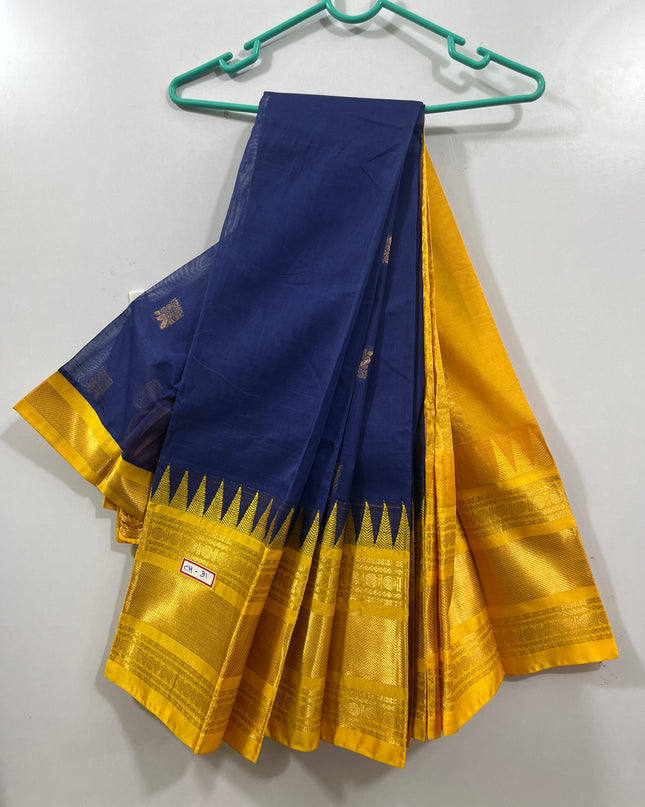 One Side Border Gadwal Handloom Cotton Saree with Blue & Yellow Border