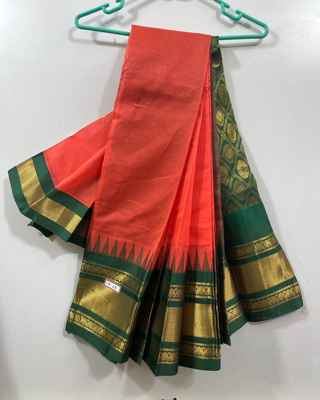 One Side Border Gadwal Handloom Cotton Saree with Kamakambaram & Green Border
