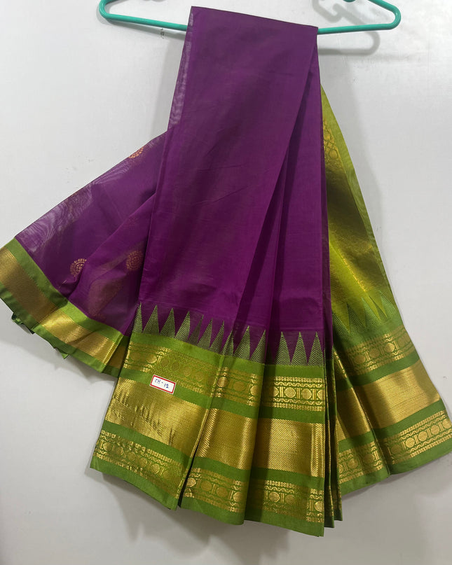 One Side Border Gadwal Handloom Cotton Saree with Pink & Green Border