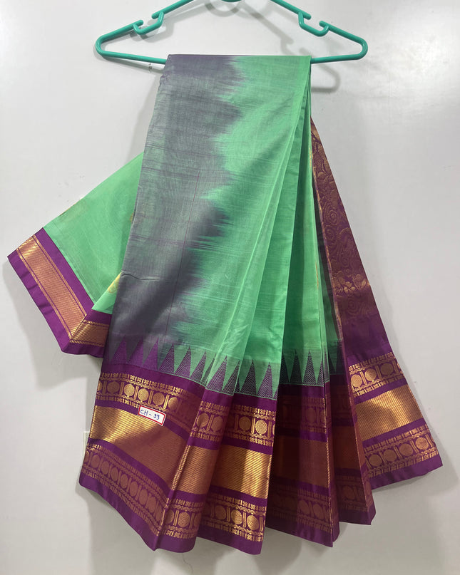 One Side Border Gadwal Handloom Cotton Saree with Light Sea green & Pink Border