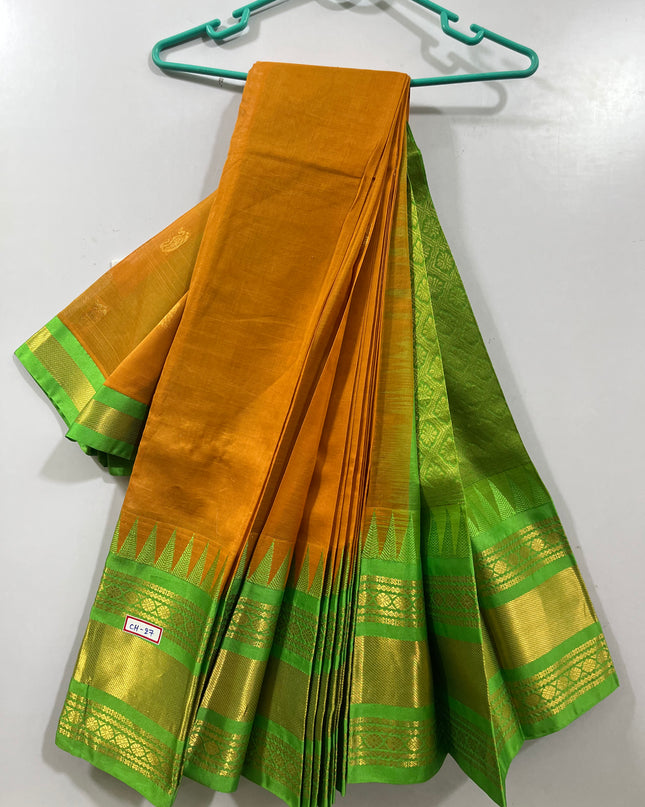 One Side Border Gadwal Handloom Cotton Saree with Yellow & Green Border