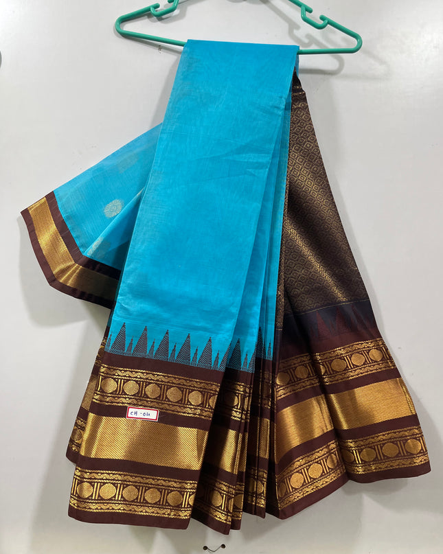 One Side Border Gadwal Handloom Cotton Saree with Blue & Chocolate Border