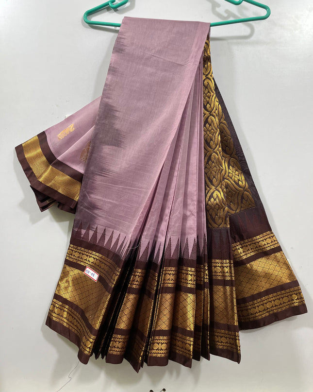 One Side Border Gadwal Handloom Cotton Saree with Light Pink & Chocolate Border