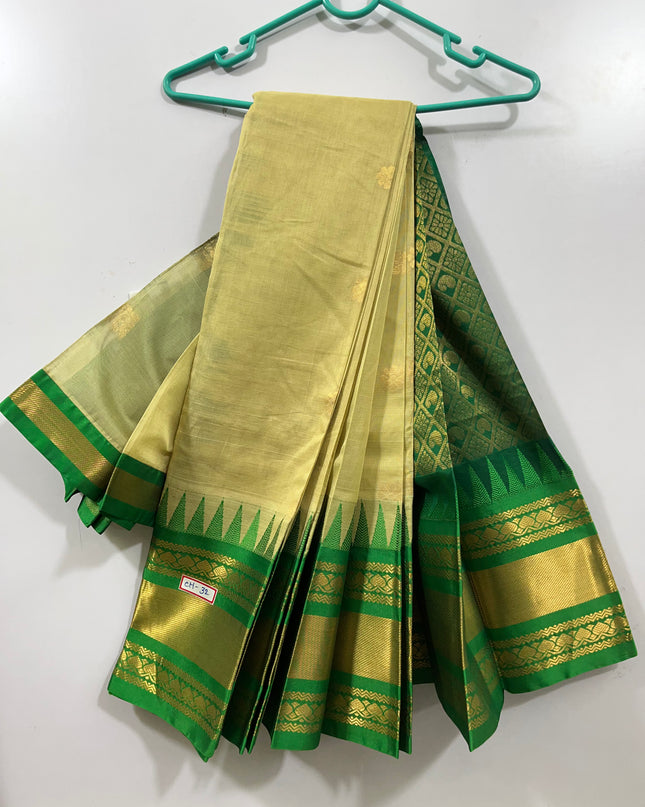 One Side Border Gadwal Handloom Cotton Saree with Half White & Green Border