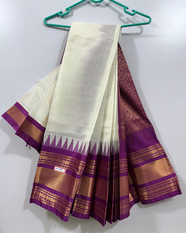One Side Border Gadwal Handloom Cotton Saree with White & Pink Border