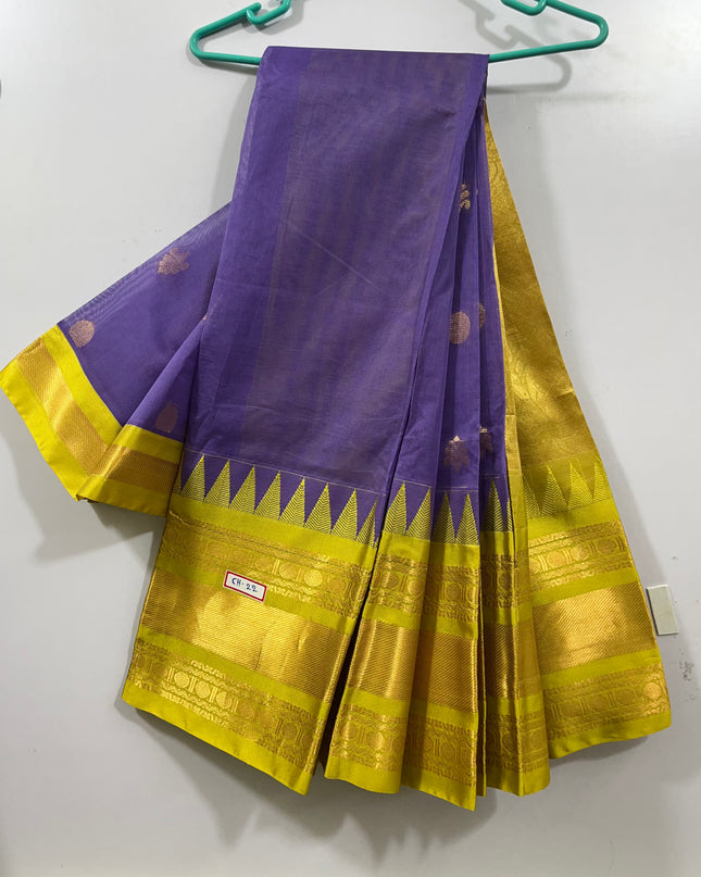 One Side Border Gadwal Handloom Cotton Saree with Violet & Yellow Border