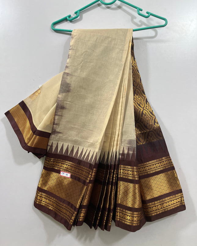 One Side Border Gadwal Handloom Cotton Saree with White & Chocolate Border