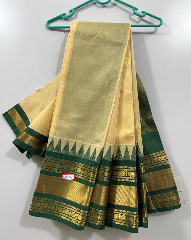 One Side Border Gadwal Handloom Cotton Saree with Half White & Green Border