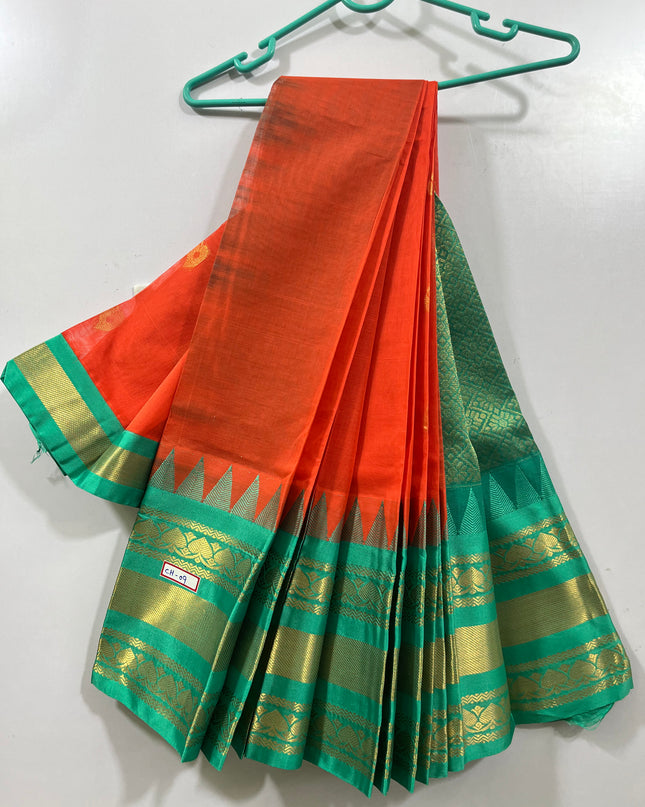 One Side Border Gadwal Handloom Cotton Saree with Orange & Sea Green Border